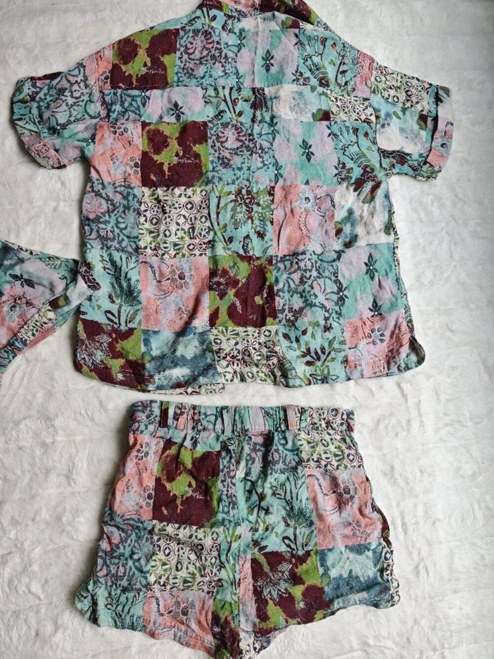Free People 3 Piece Patchwork Linen Blend Set S Boho Kimono Shorts Bralette Fest